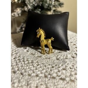 Mamselle Pony Brooch Gold Tone With Blue Rhinestone Eye Vintage